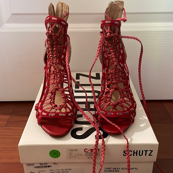 SCHUTZ Shoes - SCHUTZ Coral/Snake Skin Lace-Up Heels Size 7.5